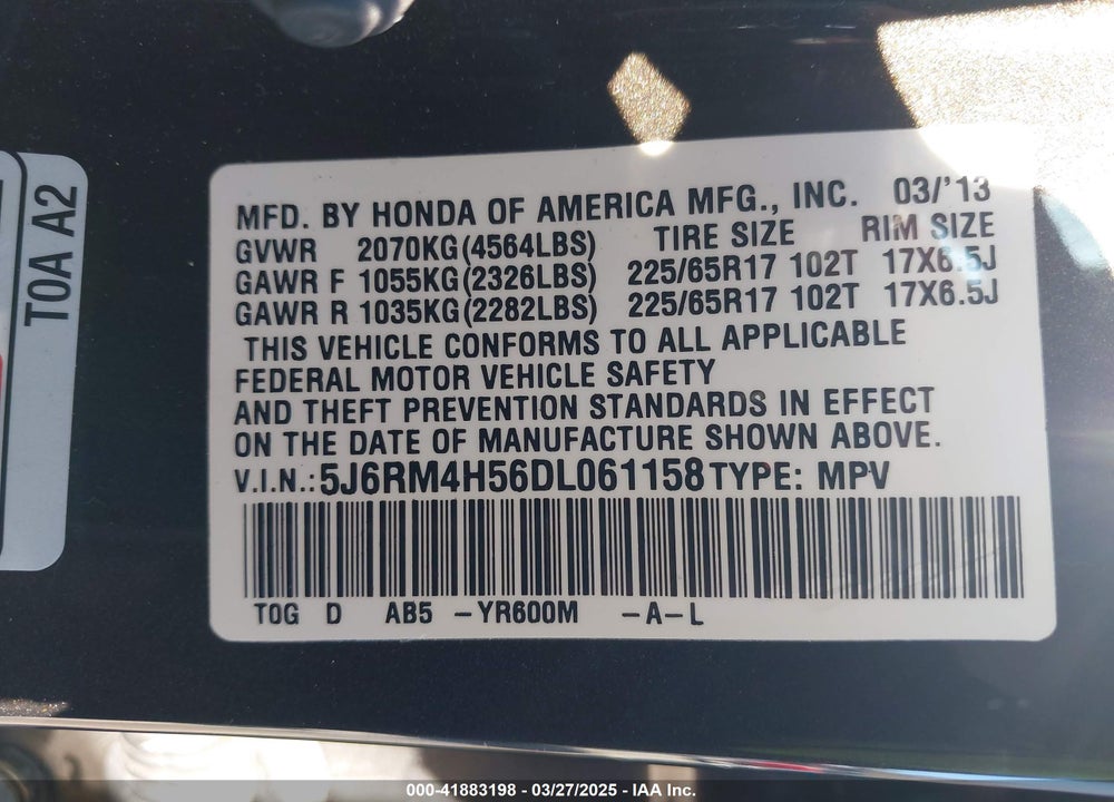 2013 HONDA CR-V EX VIN: 5J6RM4H56DL061158