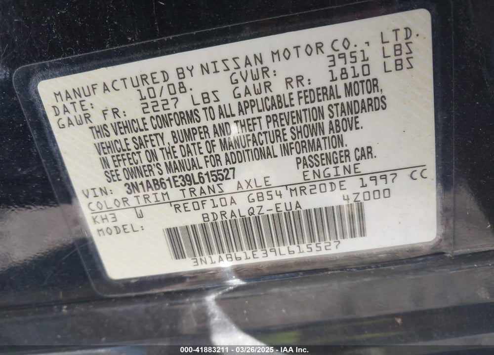 2009 NISSAN SENTRA VIN: 3N1AB61E39L615527