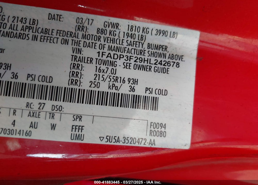 2017 FORD FOCUS VIN: 1FADP3F29HL242678
