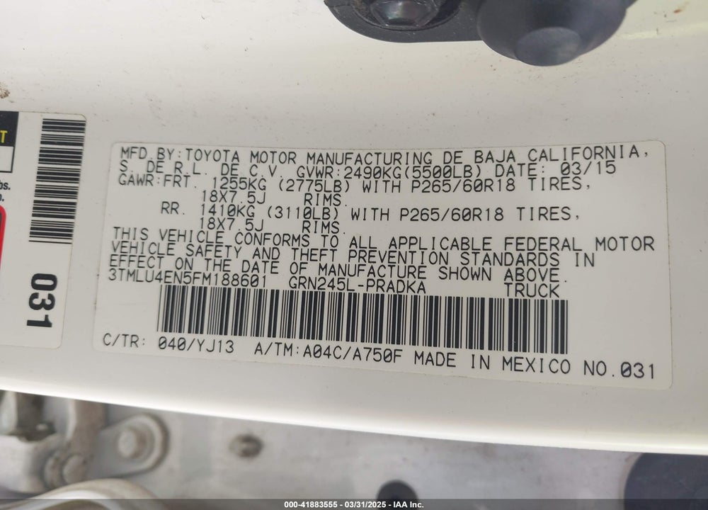 2015 TOYOTA TACOMA VIN: 3TMLU4EN5FM188601