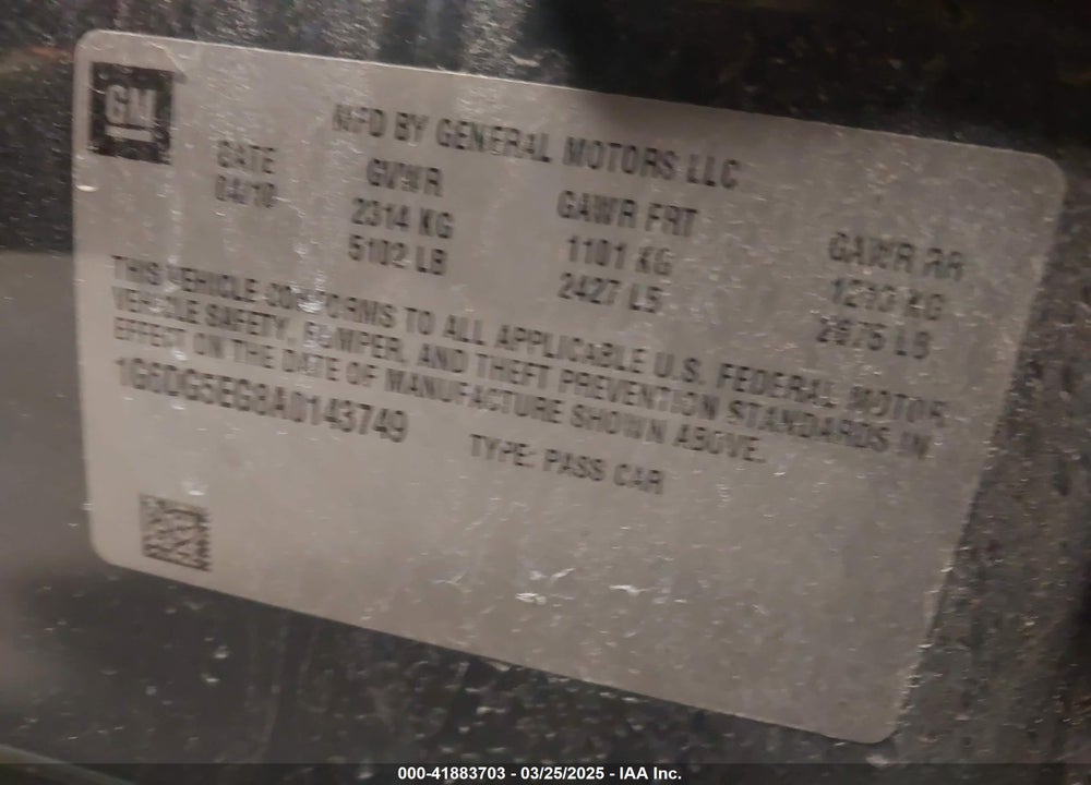 2010 CADILLAC CTS VIN: 1G6DG5EG8A0143749