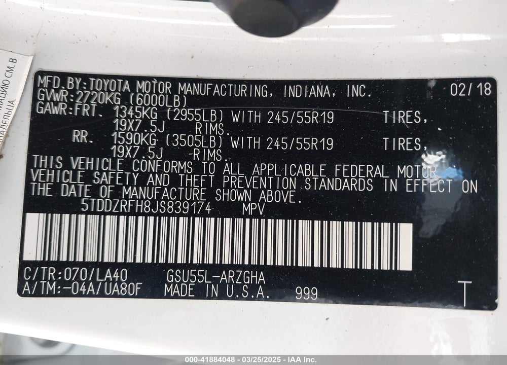 2018 TOYOTA HIGHLANDER VIN: 5TDDZRFH8JS839174