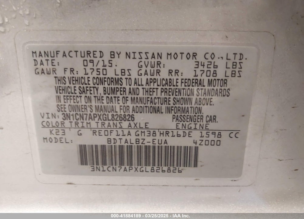 2016 NISSAN VERSA VIN: 3N1CN7APXGL826826