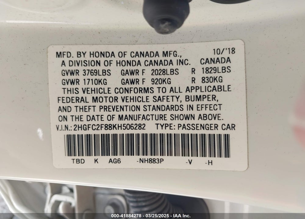 2019 HONDA CIVIC VIN: 2HGFC2F88KH506282