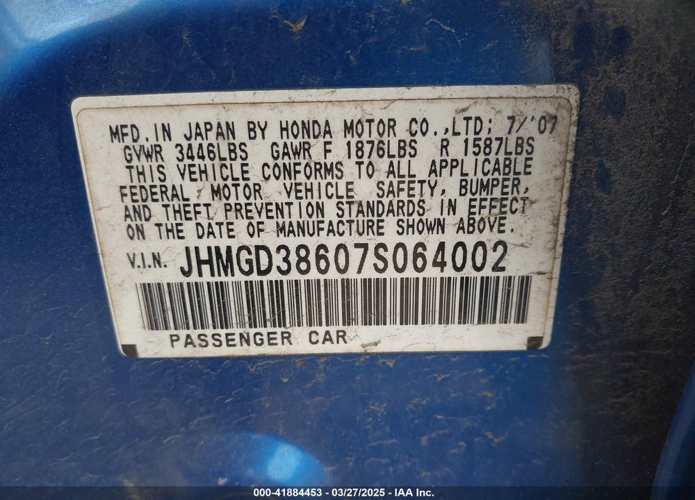 2007 HONDA FIT SPORT VIN: JHMGD38607S064002