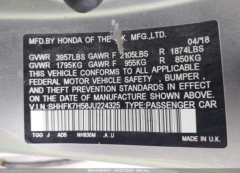 2018 HONDA CIVIC EX VIN: SHHFK7H58JU224325