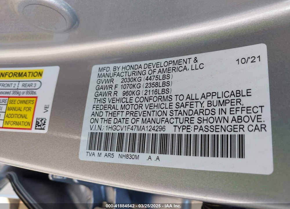 2021 HONDA ACCORD SPORT SPECIAL EDITION VIN: 1HGCV1F47MA124296