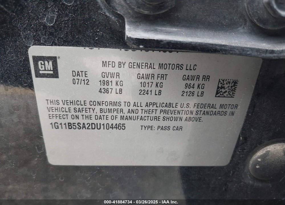 2013 CHEVROLET MALIBU VIN: 1G11B5SA2DU104465
