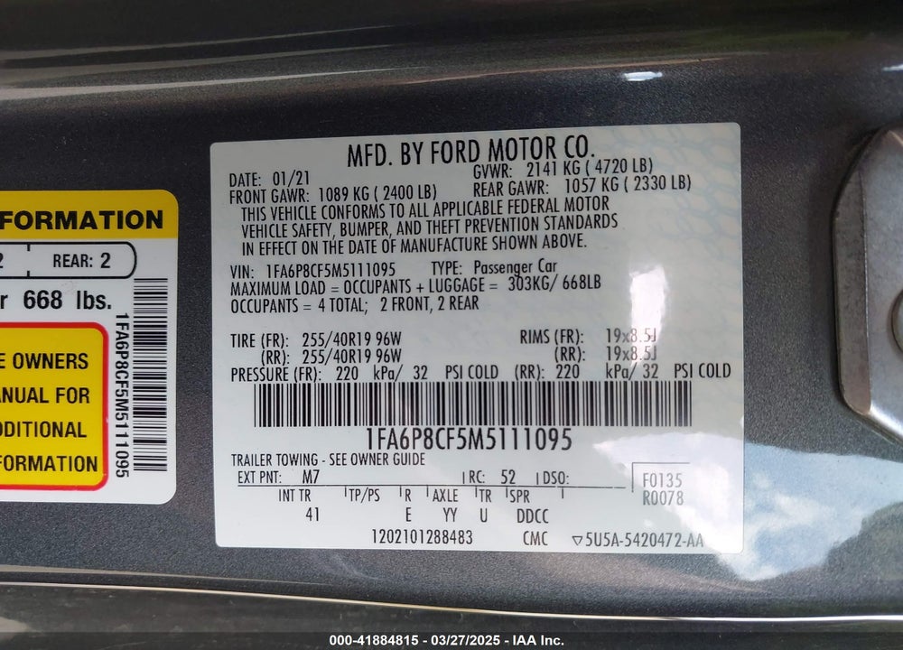 2021 FORD MUSTANG VIN: 1FA6P8CF5M5111095