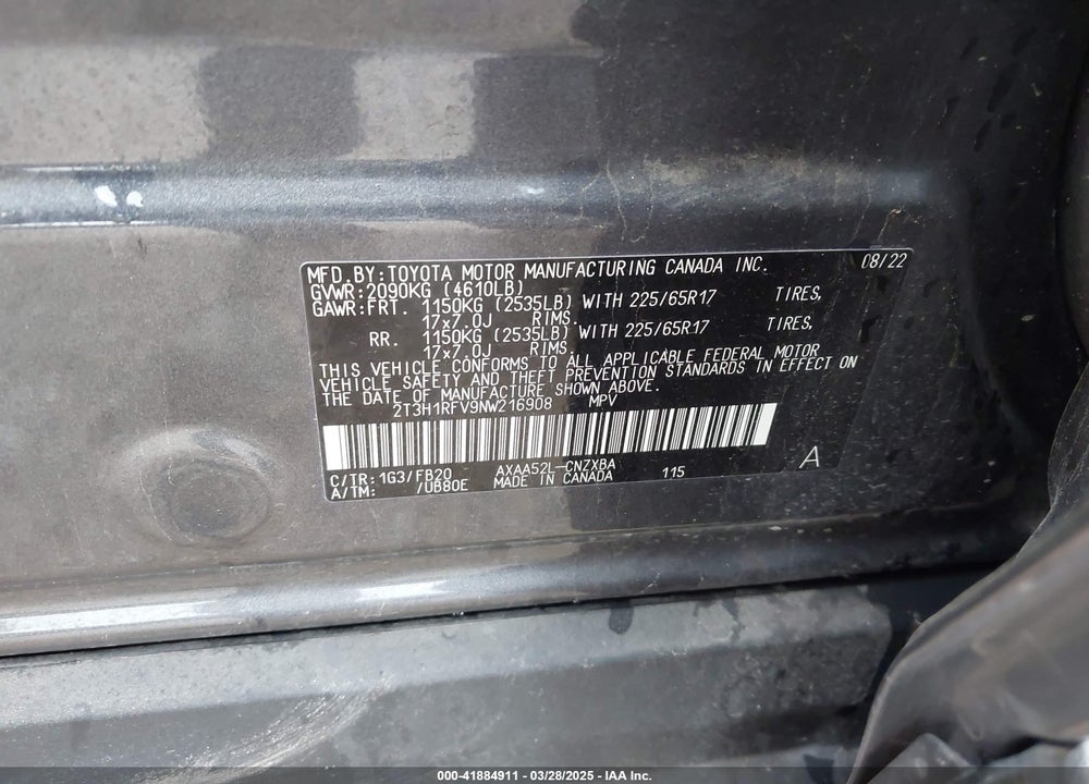 2022 TOYOTA RAV4 VIN: 2T3H1RFV9NW216908