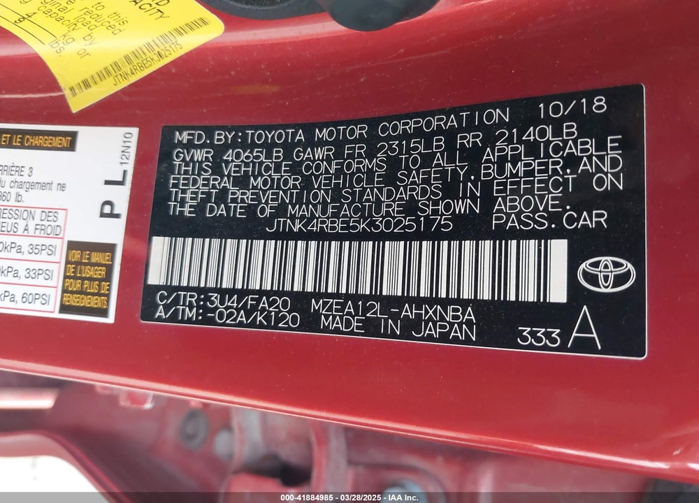 2019 TOYOTA COROLLA VIN: JTNK4RBE5K3025175