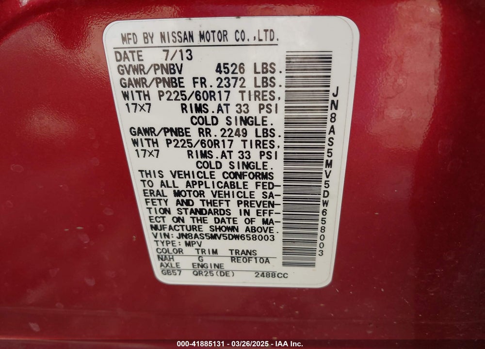 2013 NISSAN ROGUE VIN: JN8AS5MV5DW658003