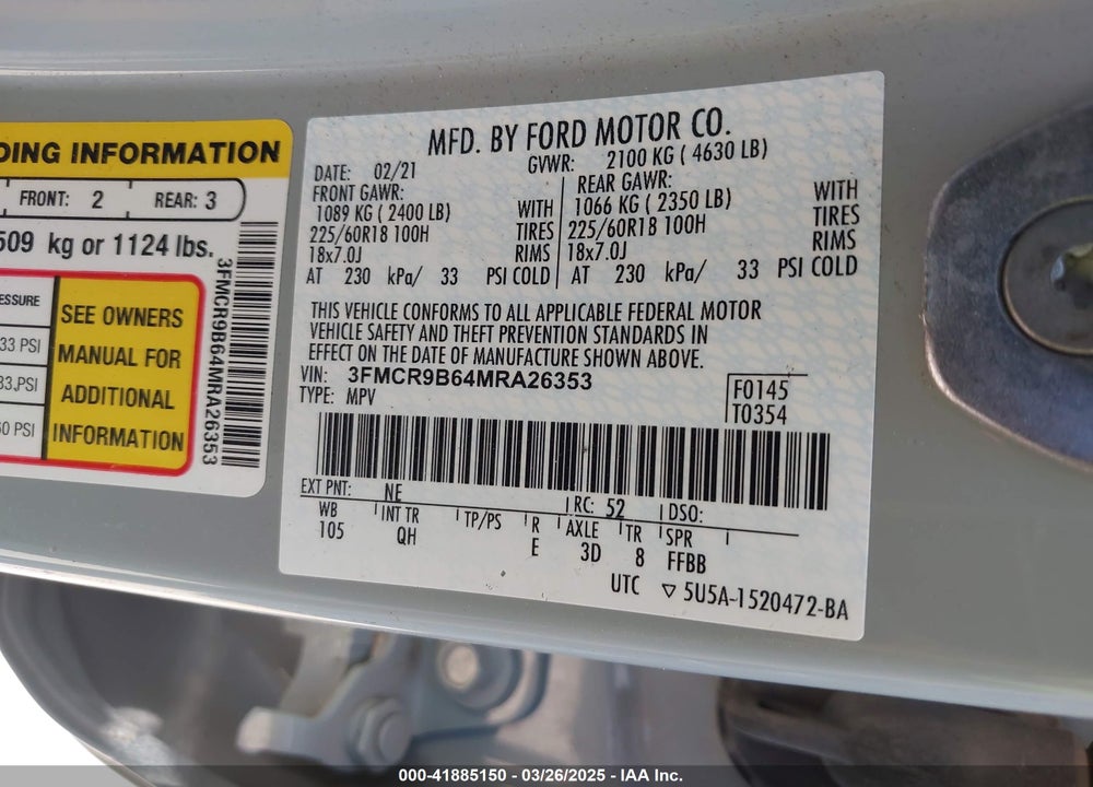 2021 FORD BRONCO SPORT BIG BEND VIN: 3FMCR9B64MRA26353