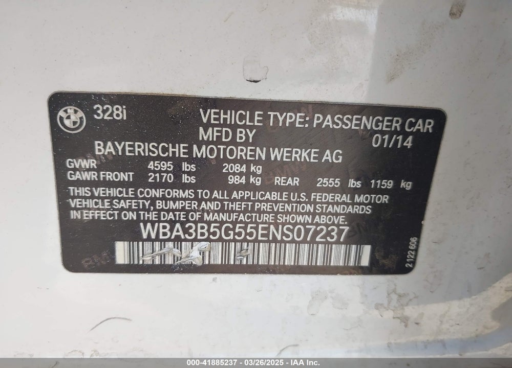 2014 BMW 328 VIN: WBA3B5G55ENS07237