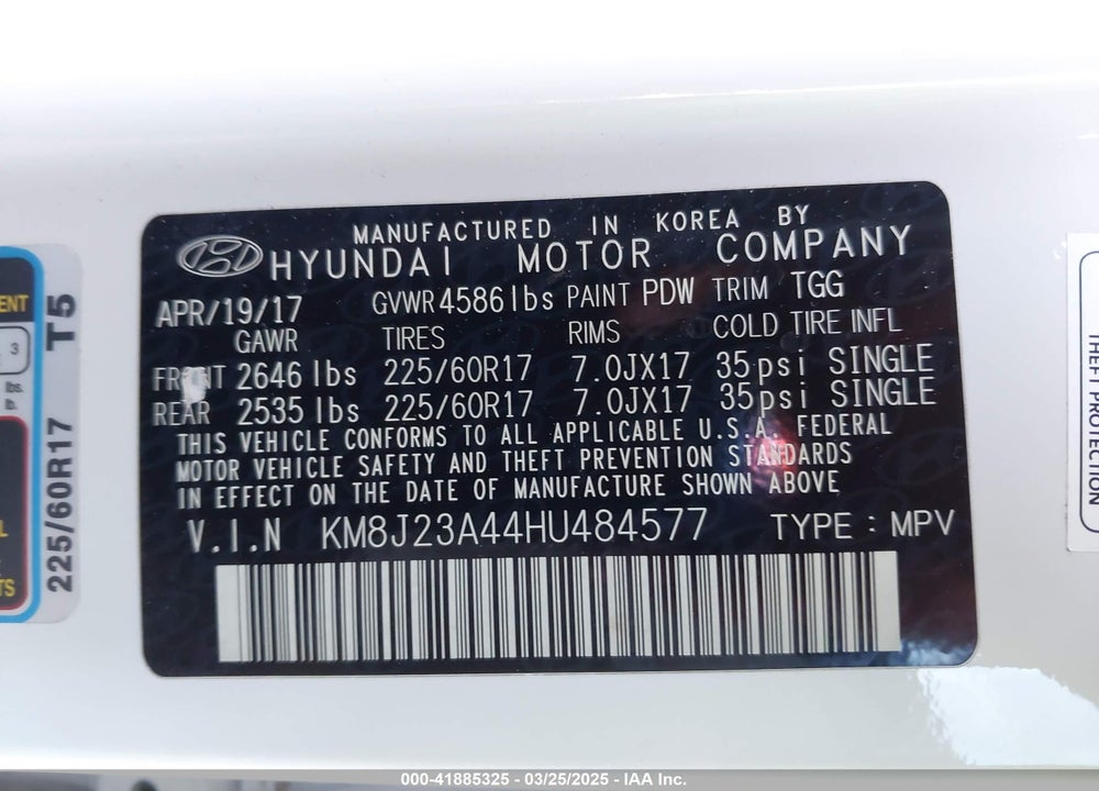 2017 HYUNDAI TUCSON VIN: KM8J23A44HU484577