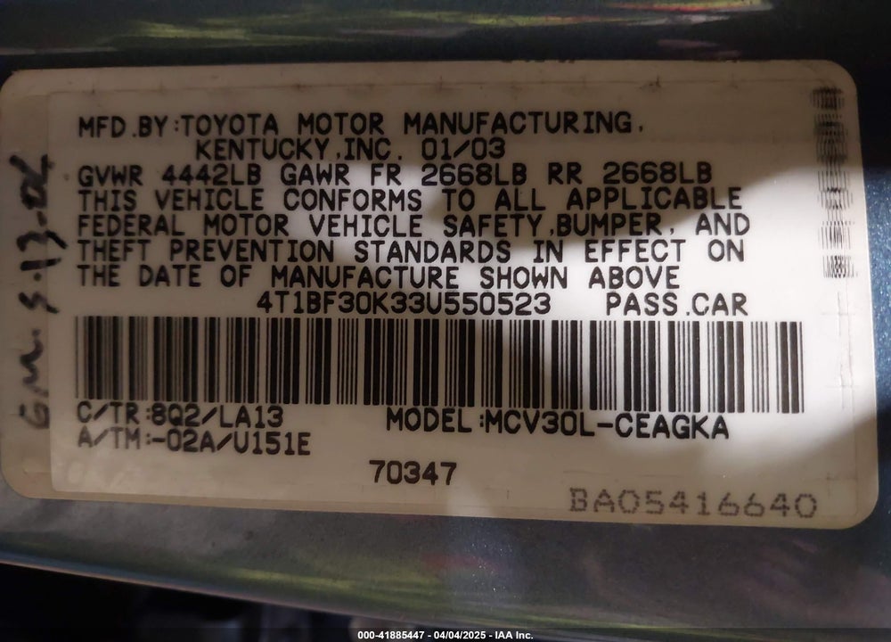 2003 TOYOTA CAMRY XLE V6 VIN: 4T1BF30K33U550523