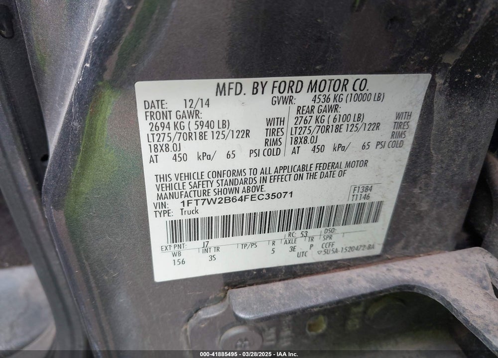2015 FORD F-250 VIN: 1FT7W2B64FEC35071