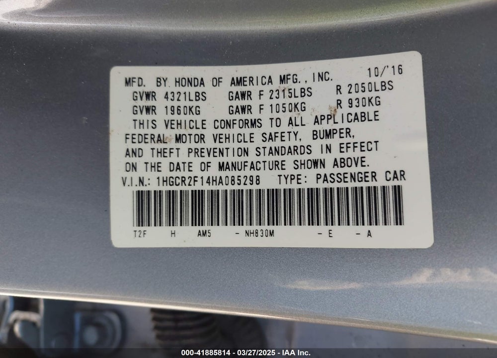 2017 HONDA ACCORD VIN: 1HGCR2F14HA085298