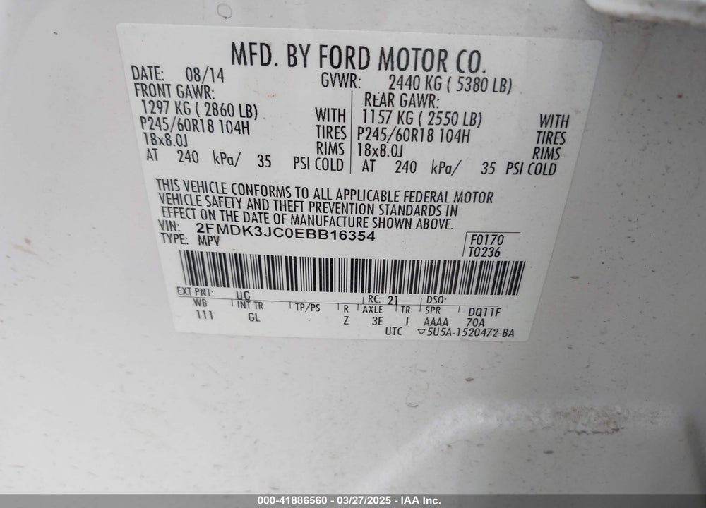 2014 FORD EDGE SEL VIN: 2FMDK3JC0EBB16354
