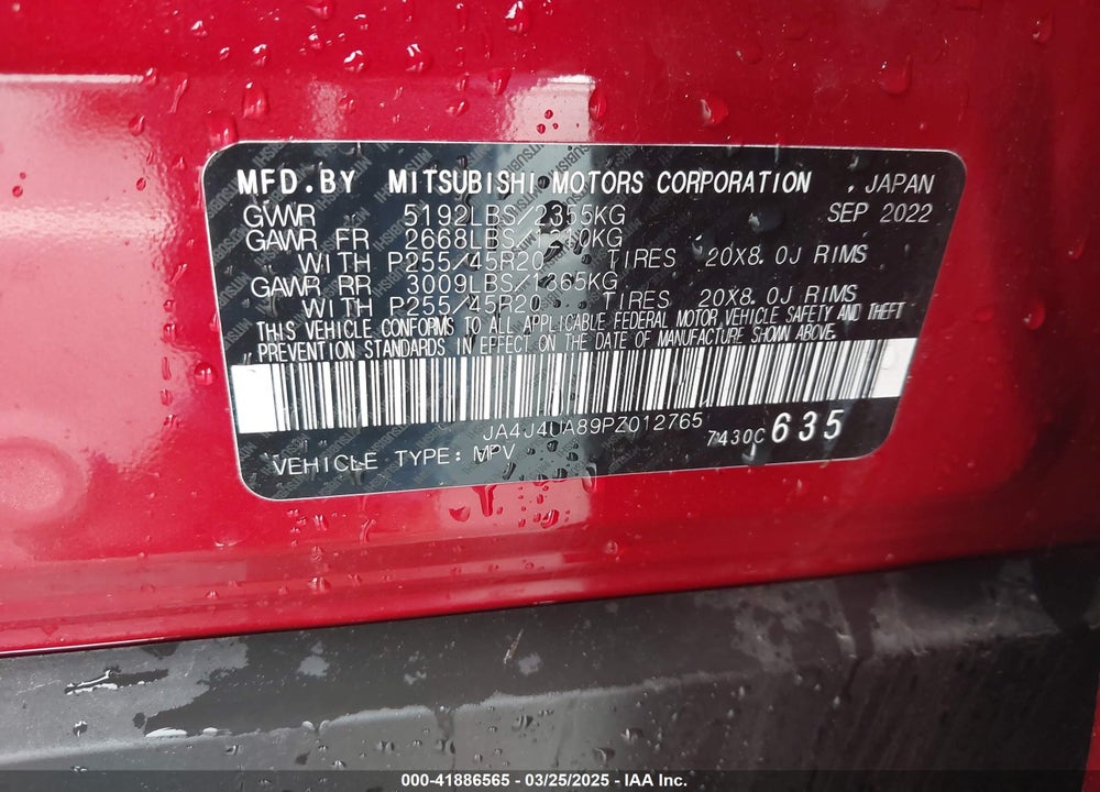2023 MITSUBISHI OUTLANDER RALLIART S-AWC/SE 2.5 S-AWC/SE BLACK EDITION S-AWC/SE SPECIAL EDITIONT S-AWC VIN: JA4J4UA89PZ012765