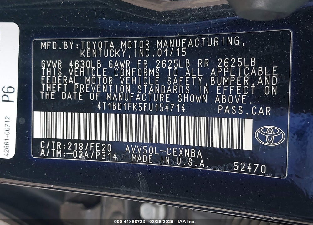 2015 TOYOTA CAMRY VIN: 4T1BD1FK5FU154714
