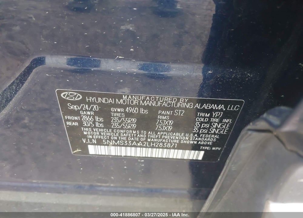 2020 HYUNDAI SANTA FE SEL 2.0T VIN: 5NMS33AA2LH283871