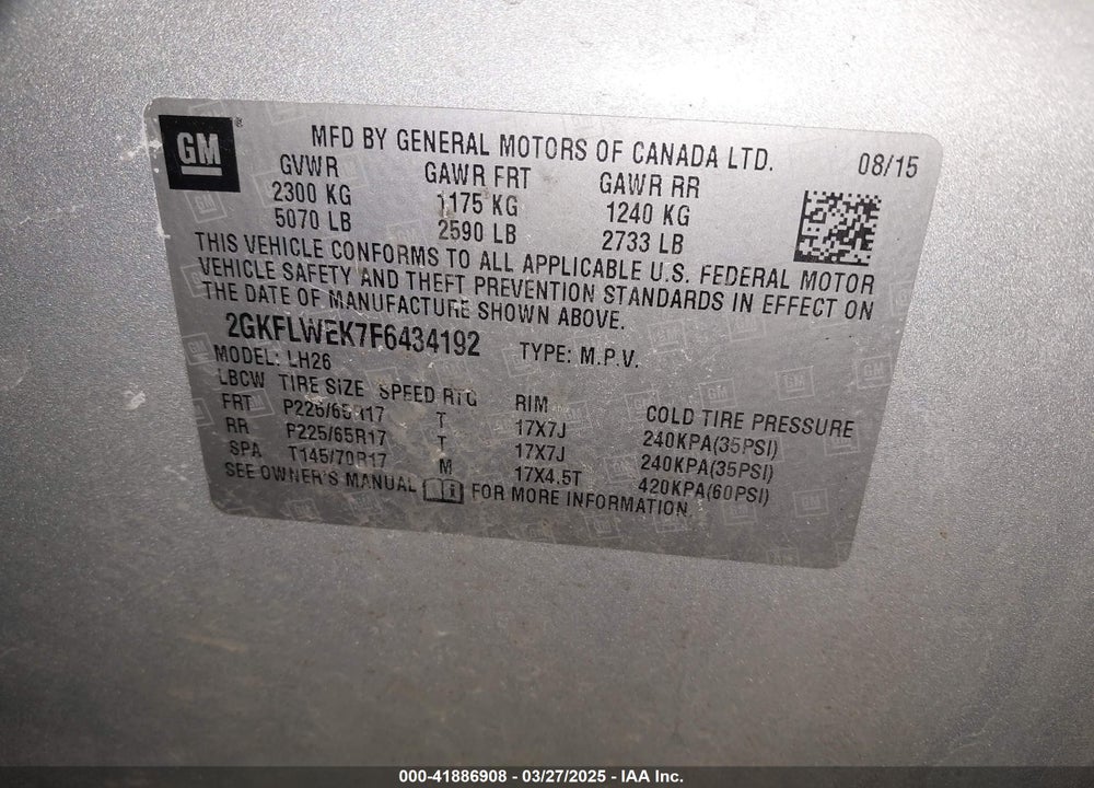 2015 GMC TERRAIN VIN: 2GKFLWEK7F6434192