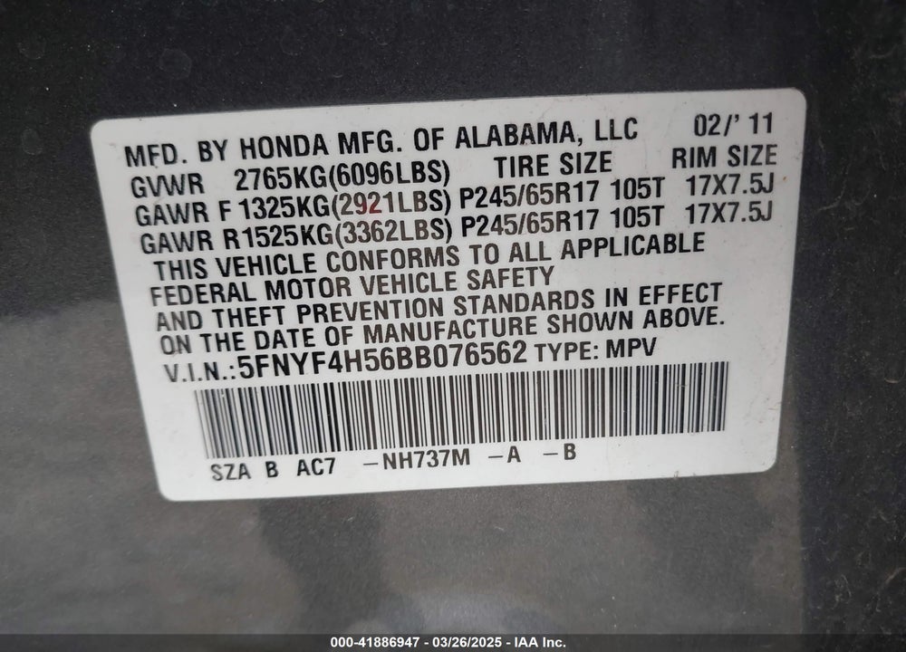 2011 HONDA PILOT VIN: 5FNYF4H56BB076562