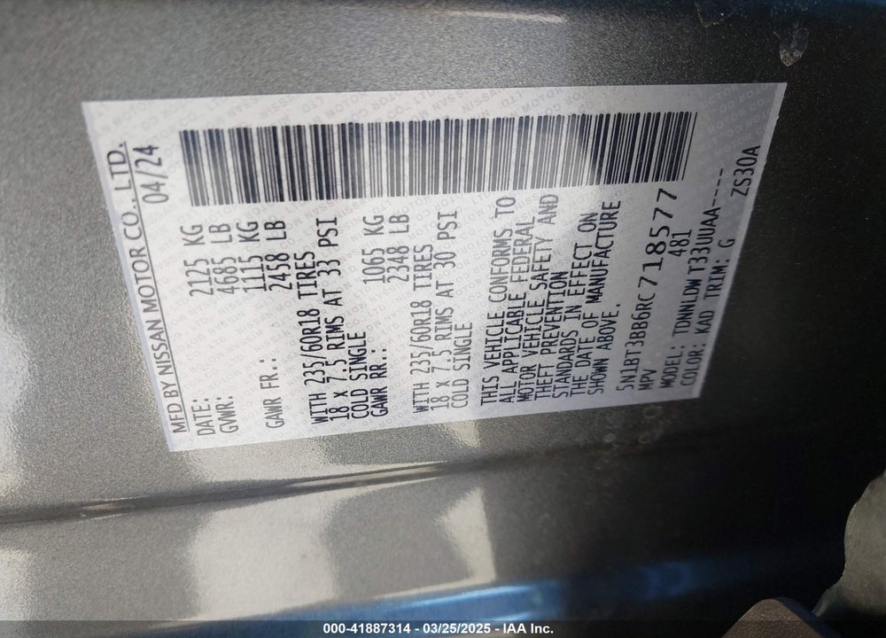 2024 NISSAN ROGUE VIN: 5N1BT3BB6RC718577