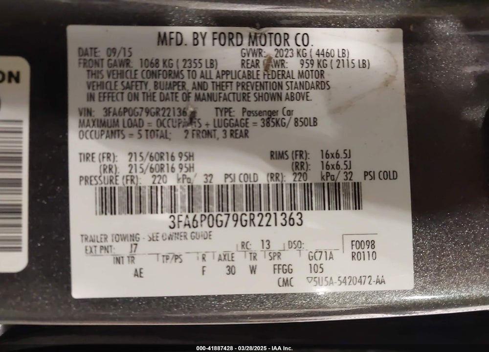 2016 FORD FUSION S VIN: 3FA6P0G79GR221363