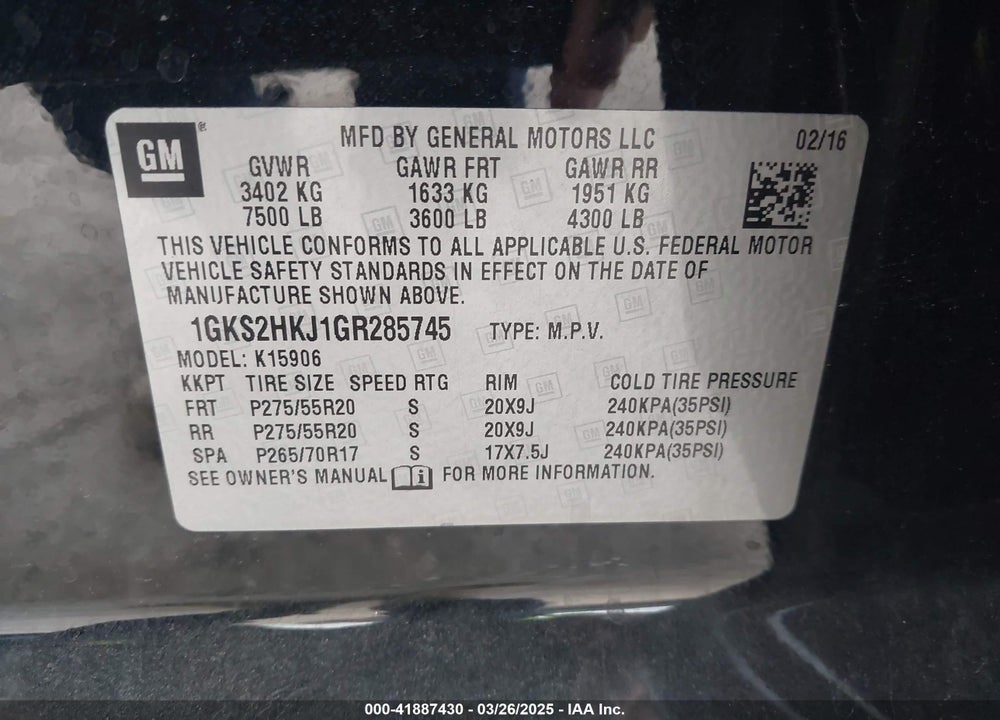 2016 GMC YUKON XL DENALI VIN: 1GKS2HKJ1GR285745