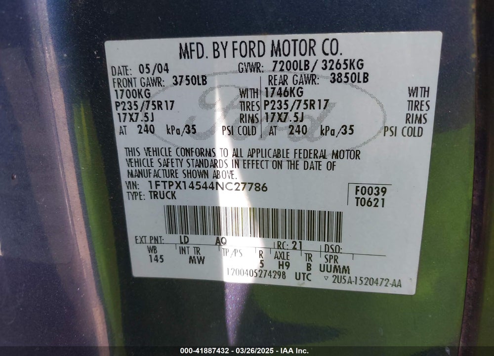 2004 FORD F-150 VIN: 1FTPX14544NC27786