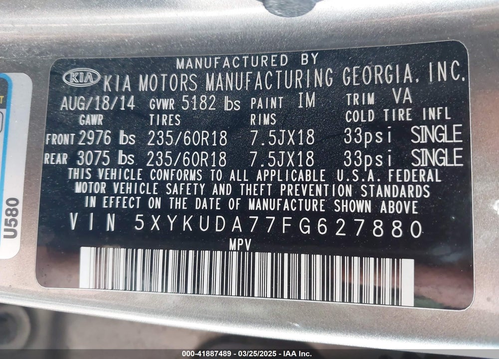 2015 KIA SORENTO VIN: 5XYKUDA77FG627880