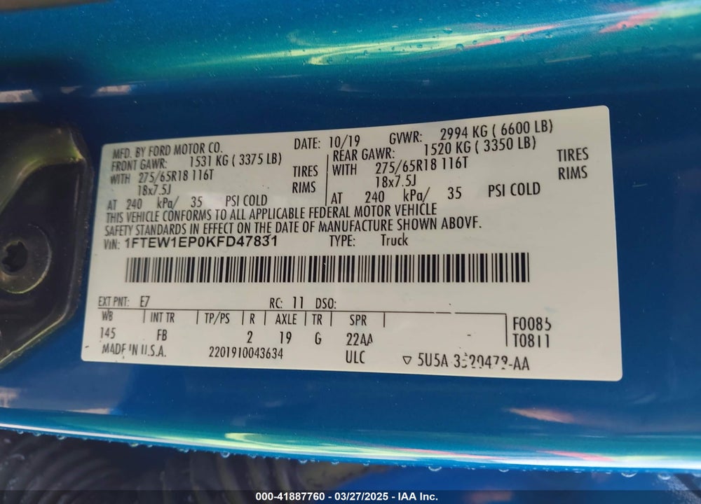 2019 FORD F-150 VIN: 1FTEW1EP0KFD47831