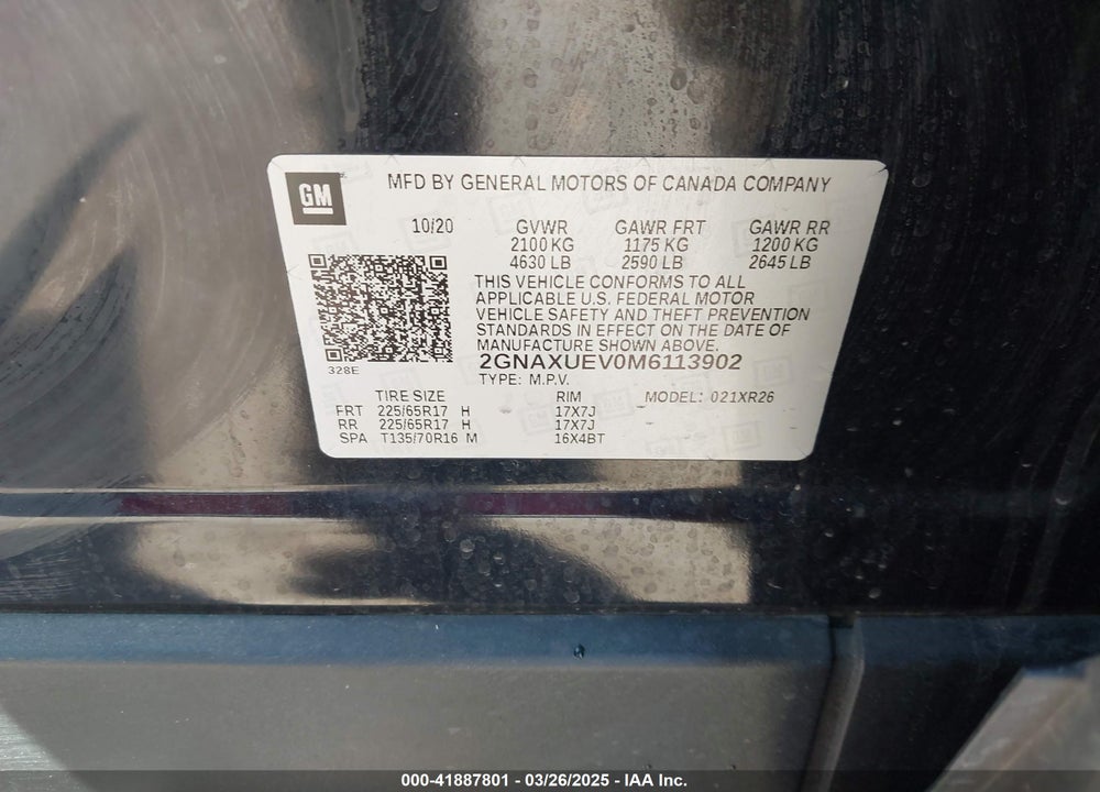 2021 CHEVROLET EQUINOX VIN: 2GNAXUEV0M6113902