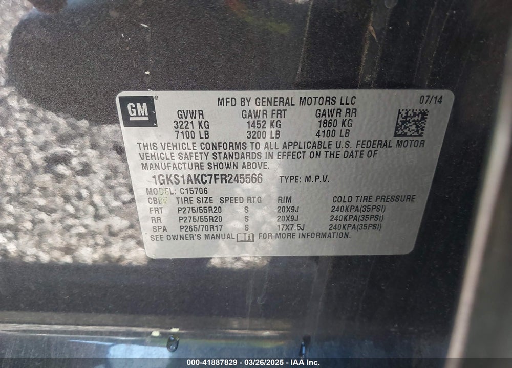 2015 GMC YUKON VIN: 1GKS1AKC7FR245566