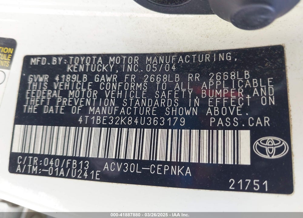 2004 TOYOTA CAMRY LE VIN: 4T1BE32K84U363179