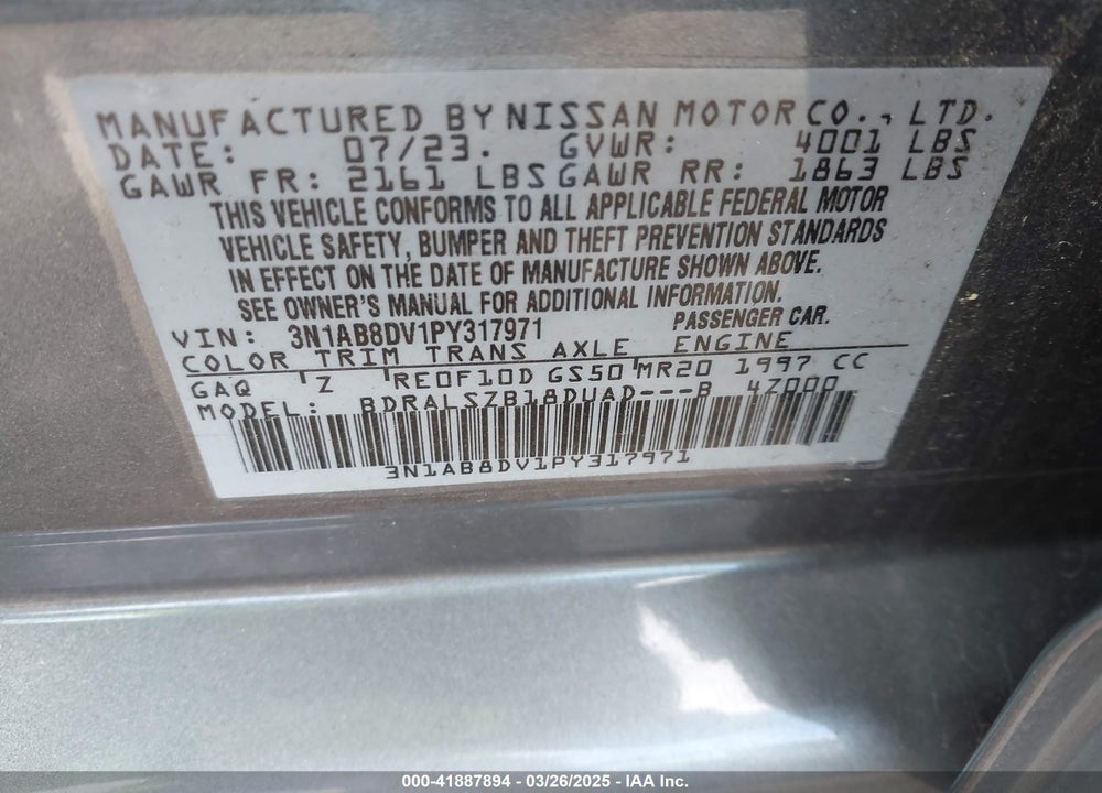 2023 NISSAN SENTRA VIN: 3N1AB8DV1PY317971