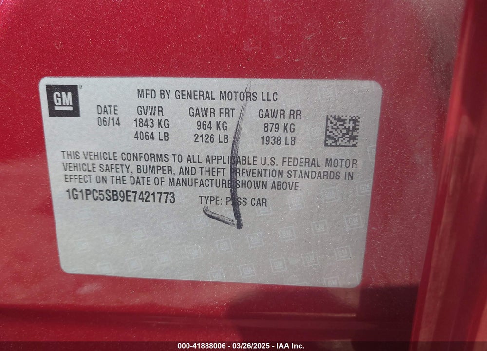 2014 CHEVROLET CRUZE VIN: 1G1PC5SB9E7421773