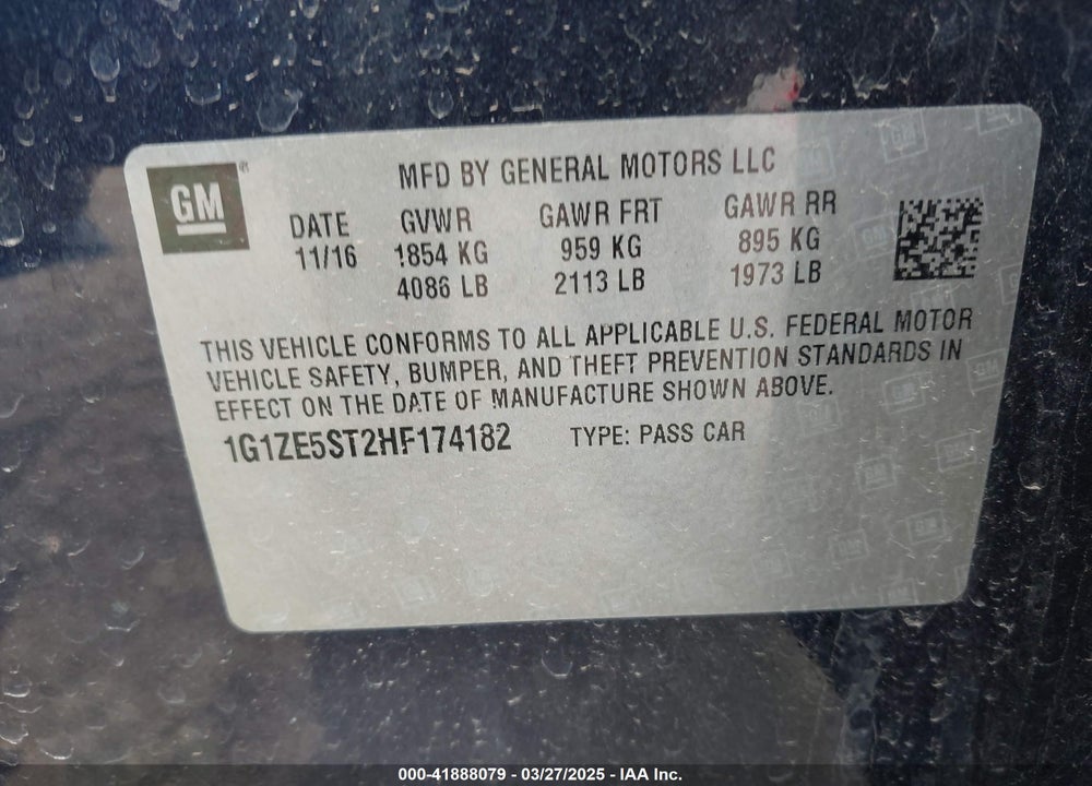 2017 CHEVROLET MALIBU VIN: 1G1ZE5ST2HF174182