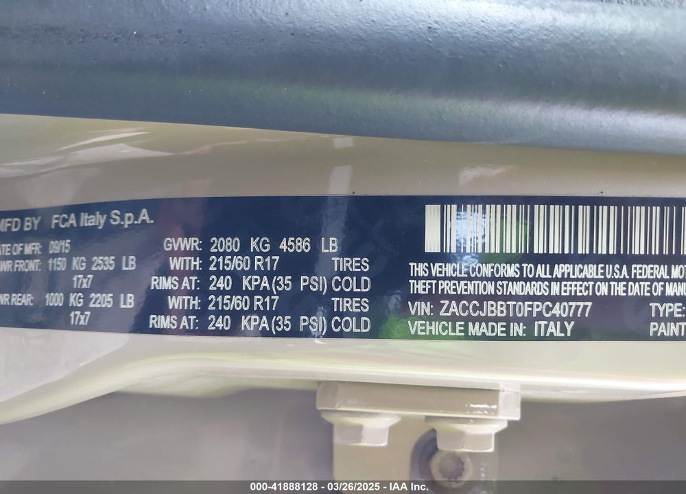 2015 JEEP RENEGADE VIN: ZACCJBBT0FPC40777