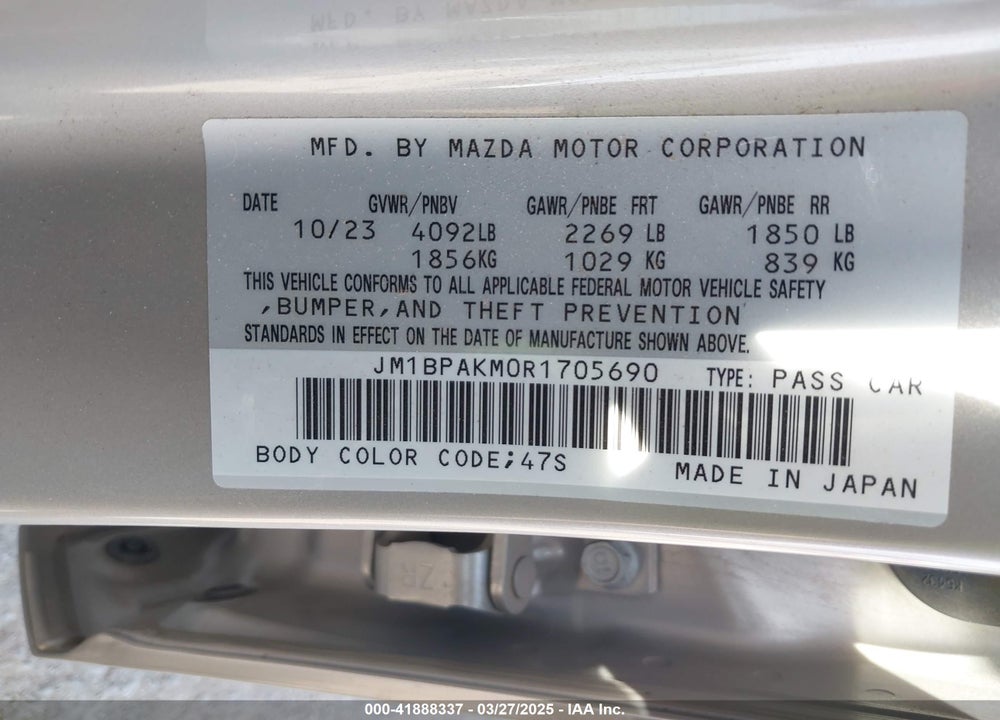 2024 MAZDA 3 2.5 S SELECT SPORT VIN: JM1BPAKM0R1705690