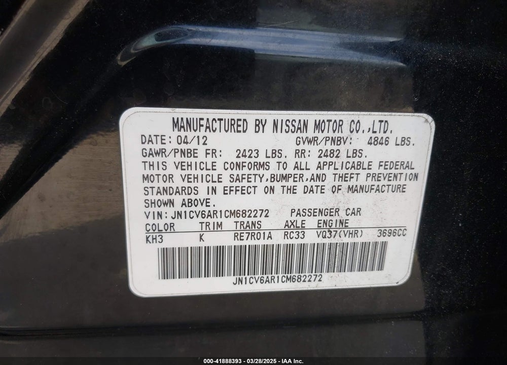 2012 INFINITI G37 VIN: JN1CV6AR1CM682272