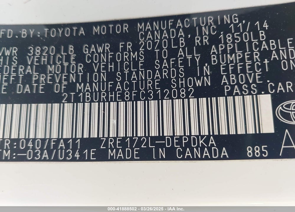 2015 TOYOTA COROLLA VIN: 2T1BURHE8FC312082