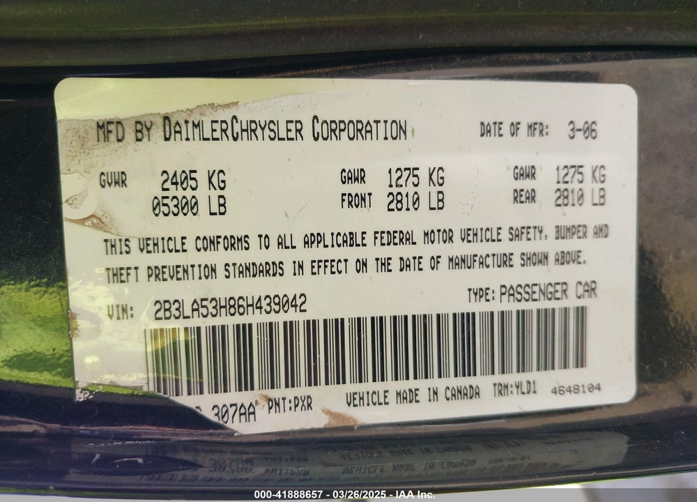 2006 DODGE CHARGER VIN: 2B3LA53H86H439042