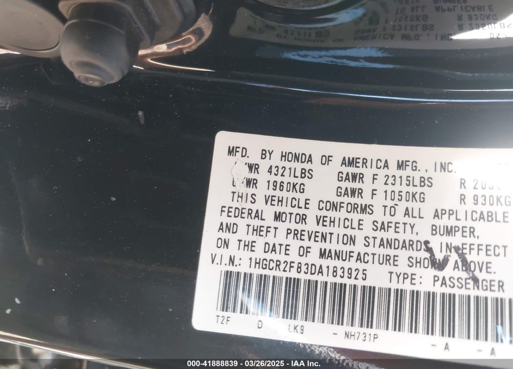2013 HONDA ACCORD VIN: 1HGCR2F83DA183925
