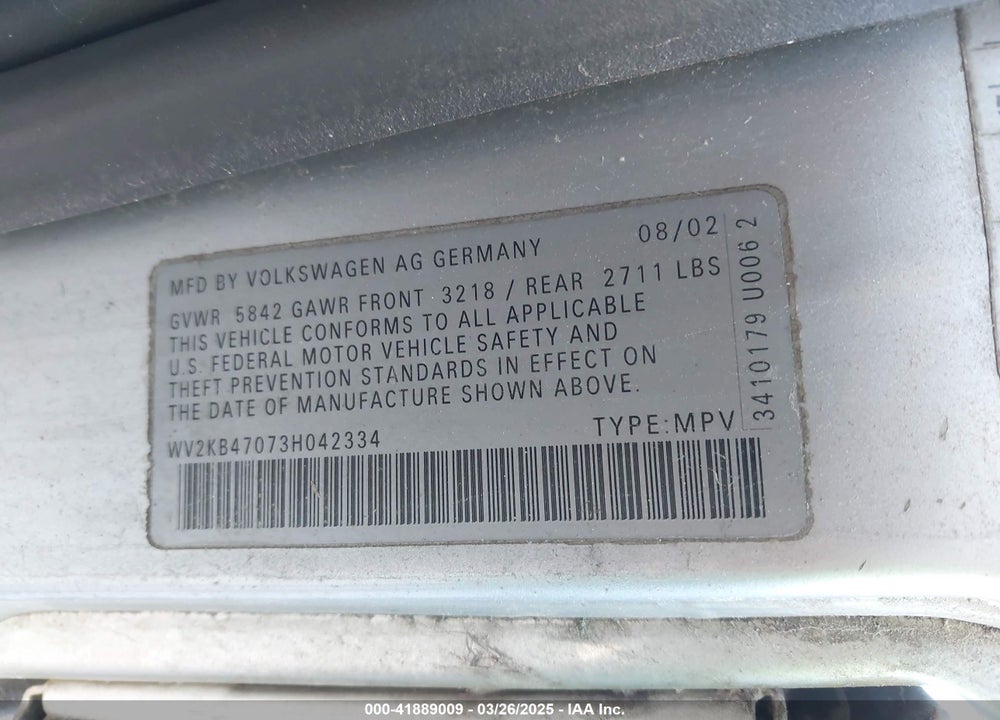 2003 VOLKSWAGEN EUROVAN GLS VIN: WV2KB47073H042334