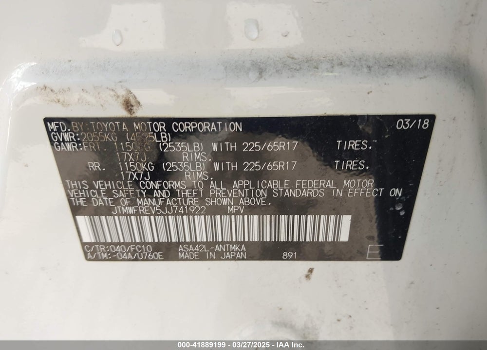 2018 TOYOTA RAV4 VIN: JTMWFREV5JJ741922