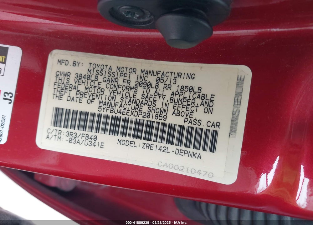 2013 TOYOTA COROLLA VIN: 5YFBU4EEXDP201859