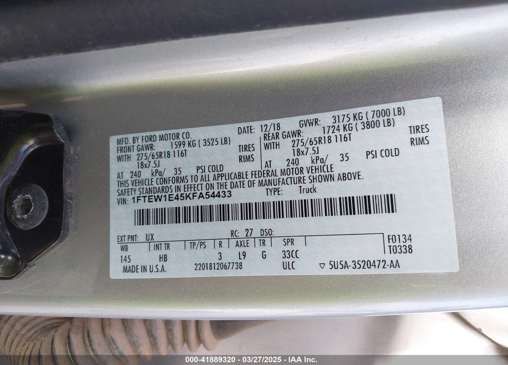 2019 FORD F-150 VIN: 1FTEW1E45KFA54433
